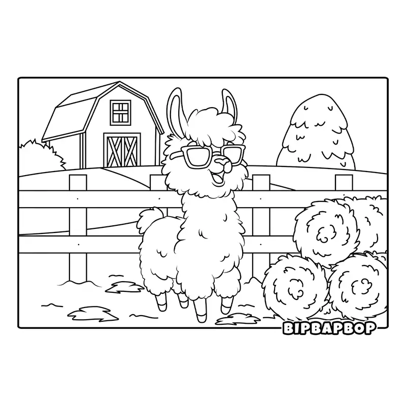 a llama wearing sunglasses in a fenced field with hay bales in front of a barn