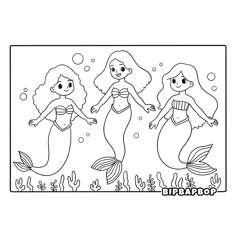 three mermaids swimming under the sea together