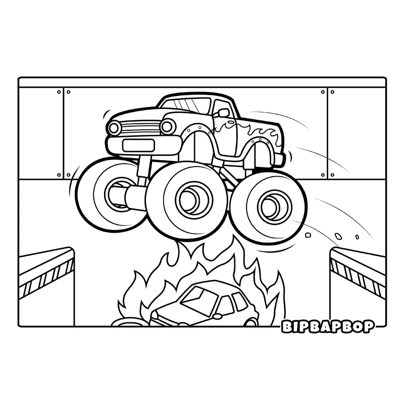 a monster truck jumping over a burning car