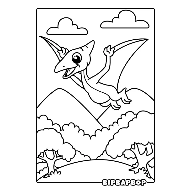 a pterodactyl flying over a green landscape