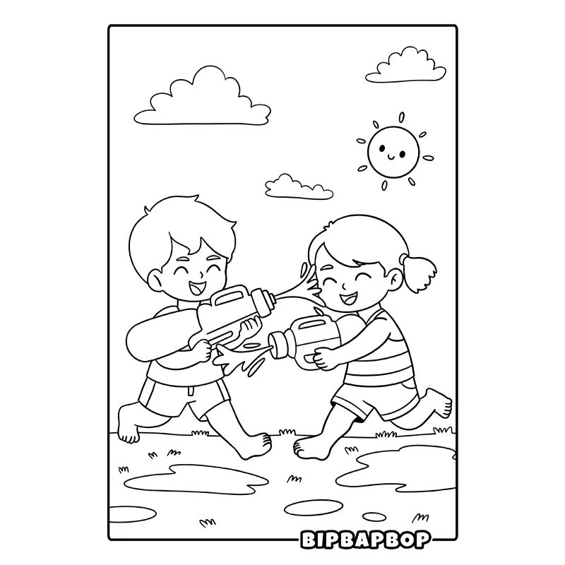 a girl and a boy fighting with water guns on a hot summer's day