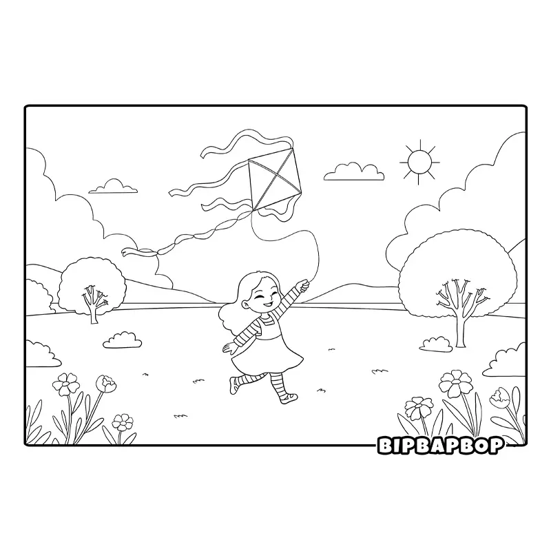 a girl with a kite running through a meadow on a sunny day