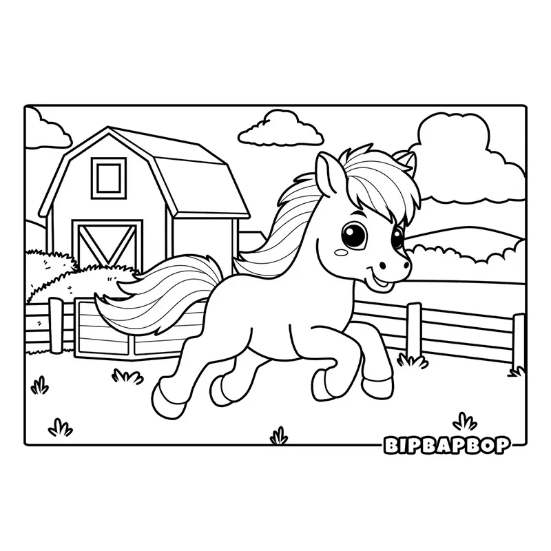 a cute pony galloping in a field with a fence and barn behind