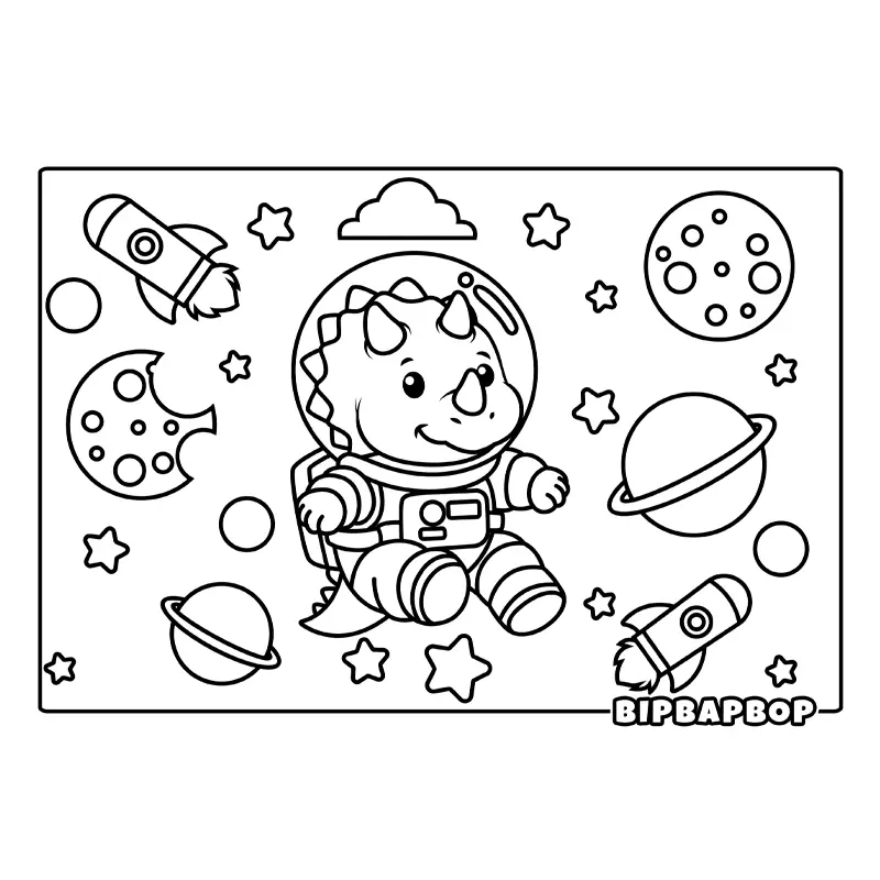 a triceratops astronaut in space with rockets and planets all around