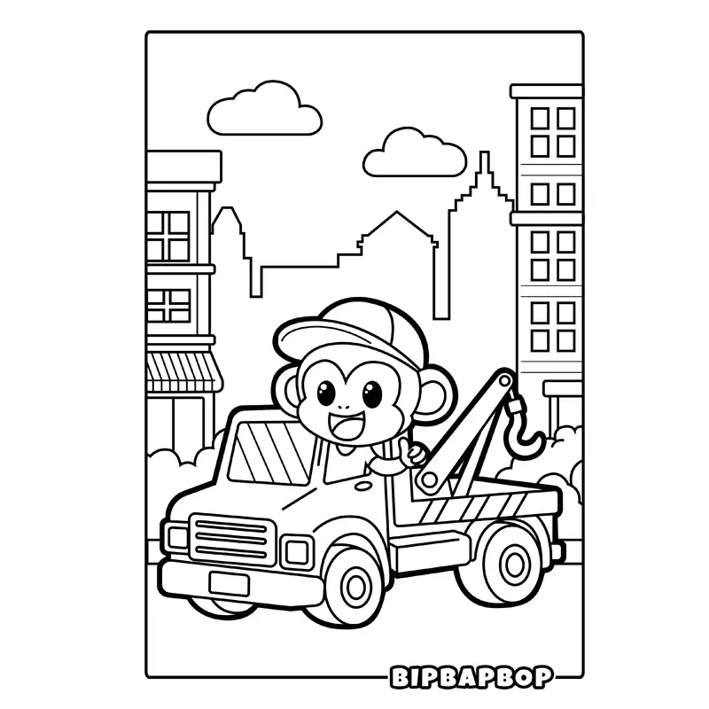 a monkey driving a tow truck with skyscrapers in the background