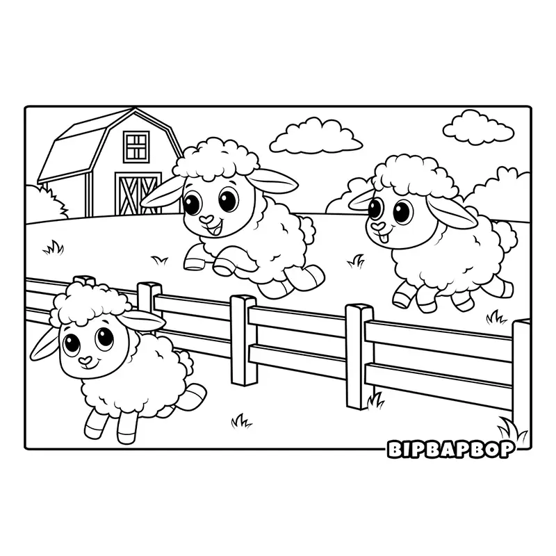 3 happy sheep jumping over a fence to a new field