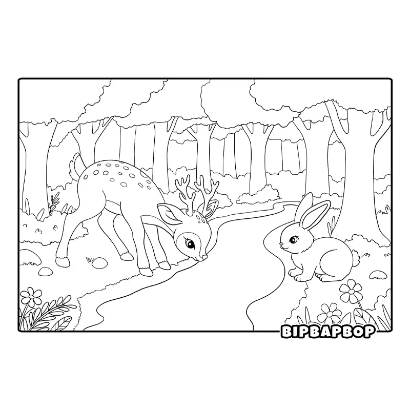 a deer and a bunny rabbit drinking from a stream in a forest clearing