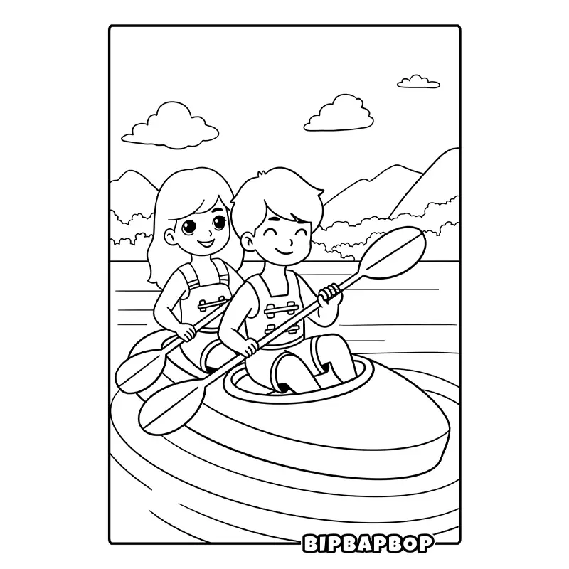 a boy and a girl paddling a canoe in a lake