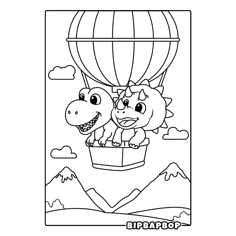 a cute t-rex and triceratops in a hot air balloon flying past snow covered mountains