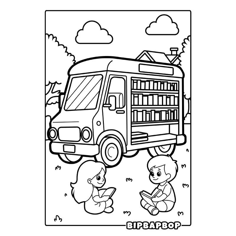 kids sitting reading next to a library van