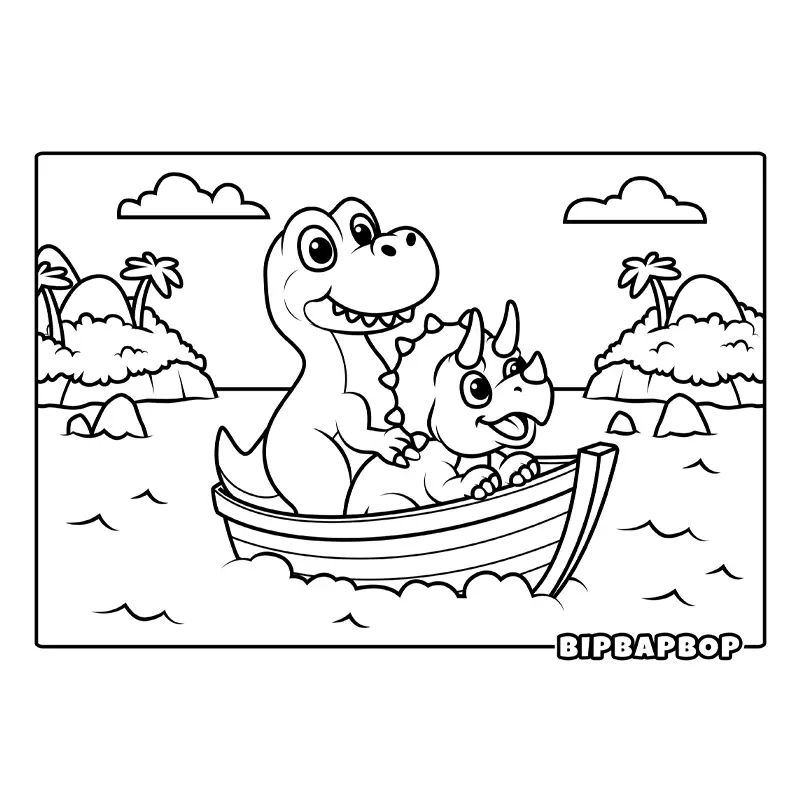 a triceratops and a t-rex sailing in a wooden boat on the sea past tropical islands 