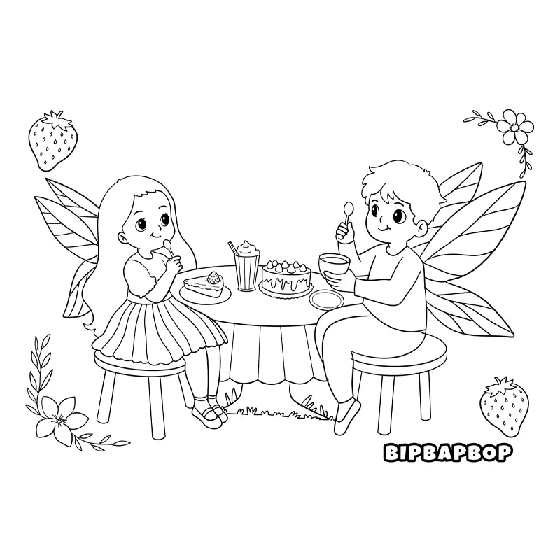 a girl and a boy fairy having a tea party with cake and strawberries