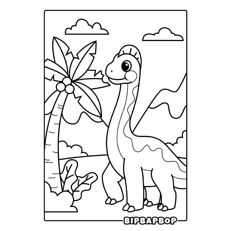 a long neck brachiosaurus eating leaves from the top of a palm tree