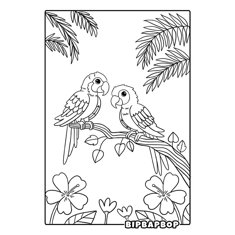 two parrots on a tree branch in a tropical jungle