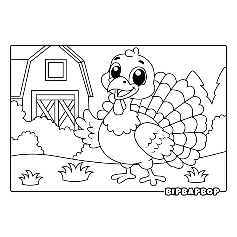 a happy turkey standing in front of a barn