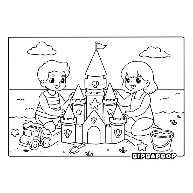 a boy and a girl building a sand castle at the beach