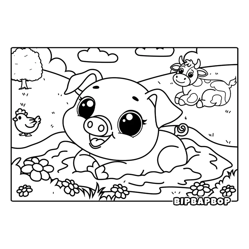 a pig rolling in mud in a field with a cow and a chicken