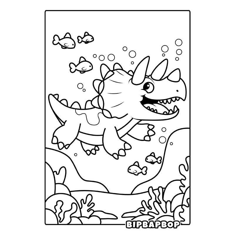 a triceratops swimming underwater with fish and coral