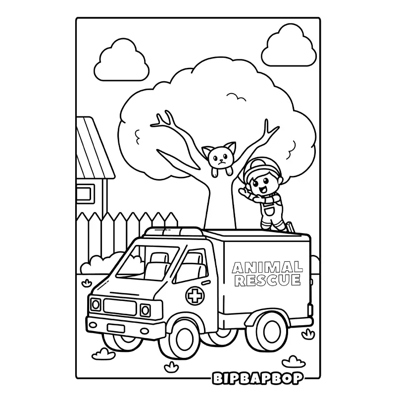 an animal rescue van helping a cat from a tree