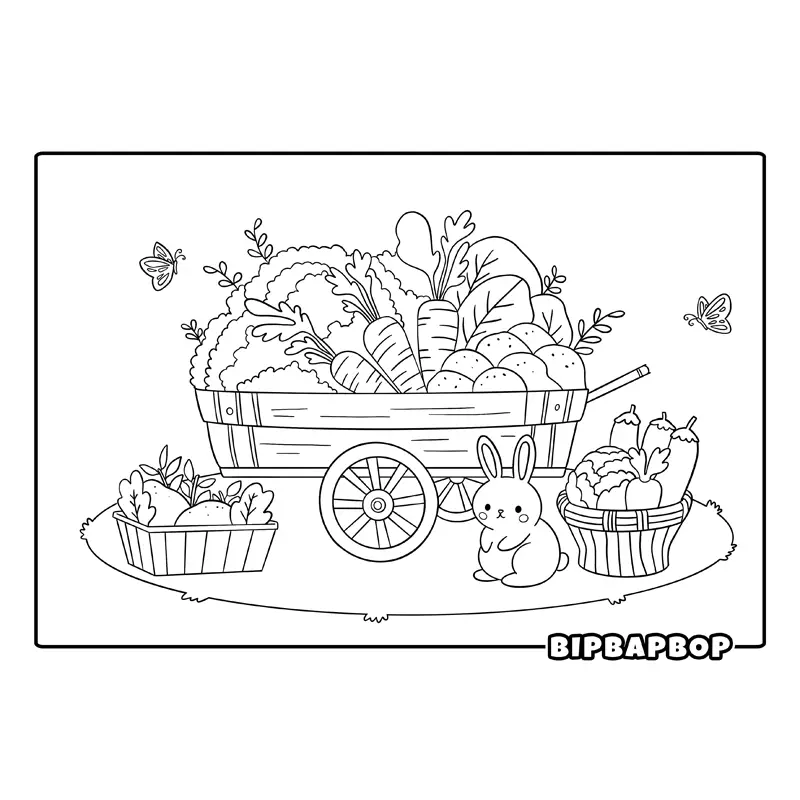 a spring vegetable harvest with carrots, potatoes and other veggies in a big barrow and a bunny at the front