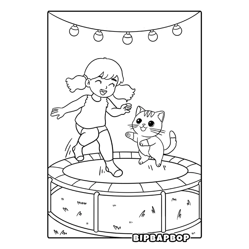 a girl and a kitten jumping on a trampoline