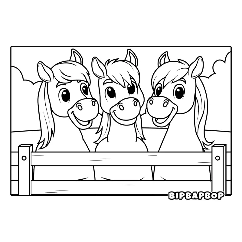 three happy horses standing with their heads over a farm fence