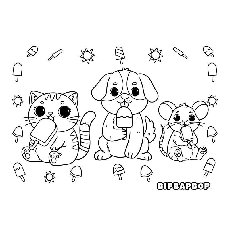 a kitten, a puppy and a baby mouse eating lollipops