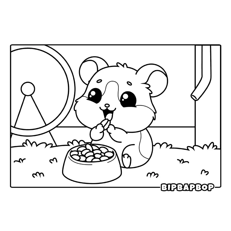 baby hamster eating food in front of its wheel