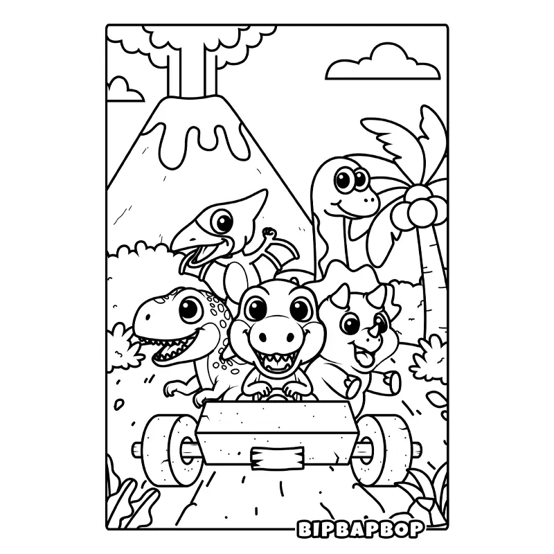 a group of dinosaurs in a prehistoric car