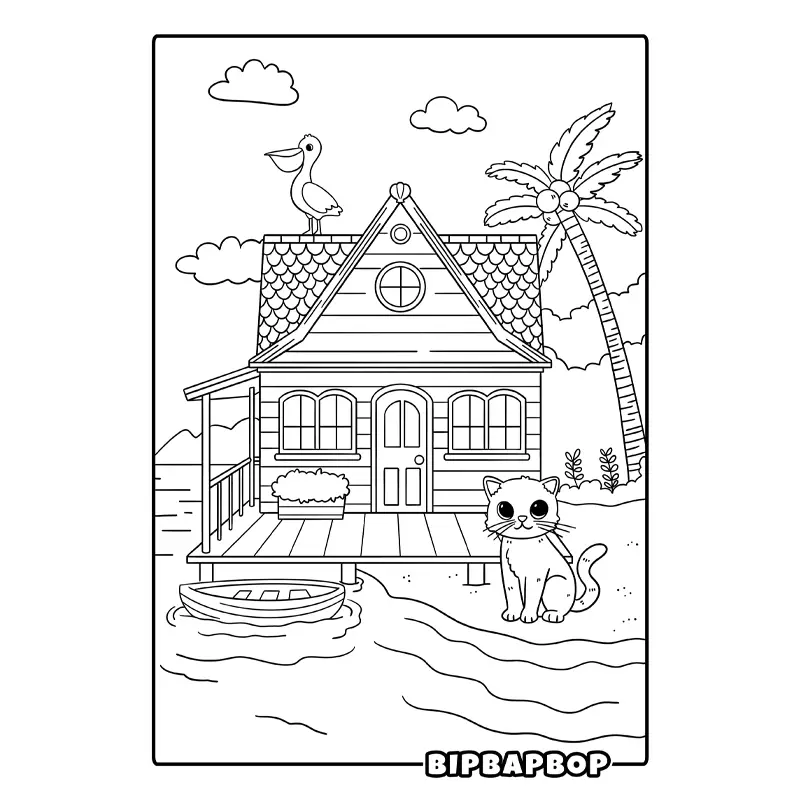 a cat standing in front of a beach house