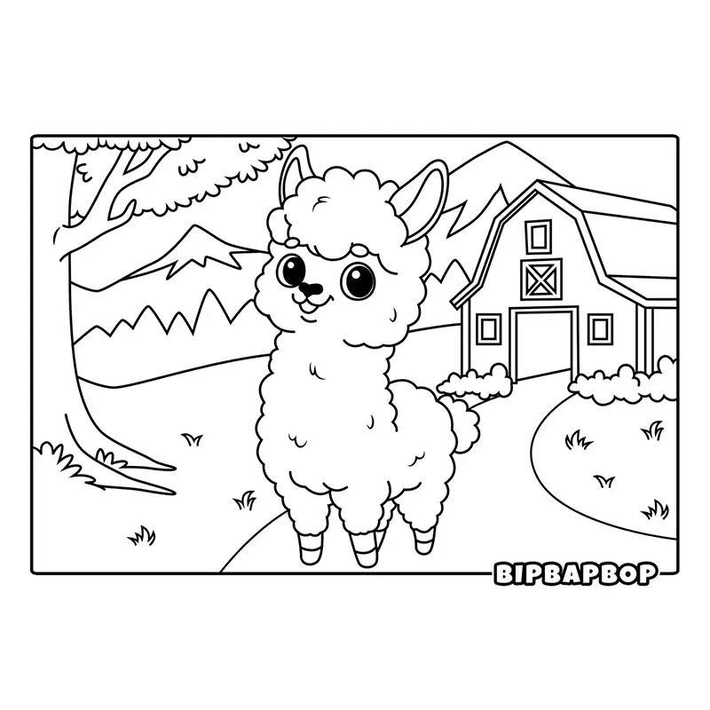 a cute llama standing by a barn with a mountain in the background