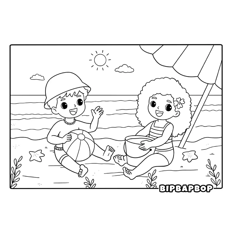 a boy and a girl playing together at the beach