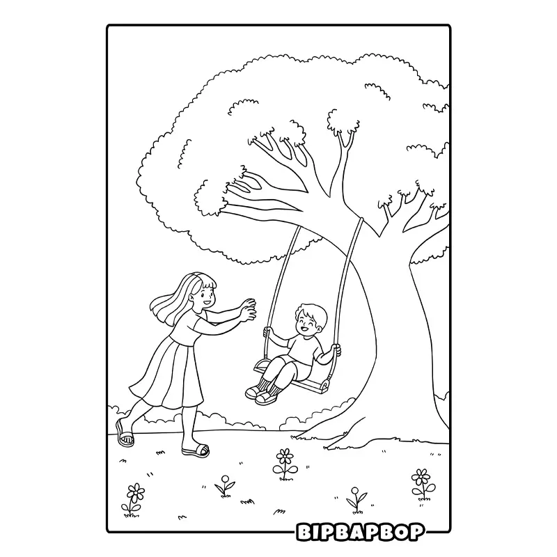 a mother pushing a boy on a swing under a big tree