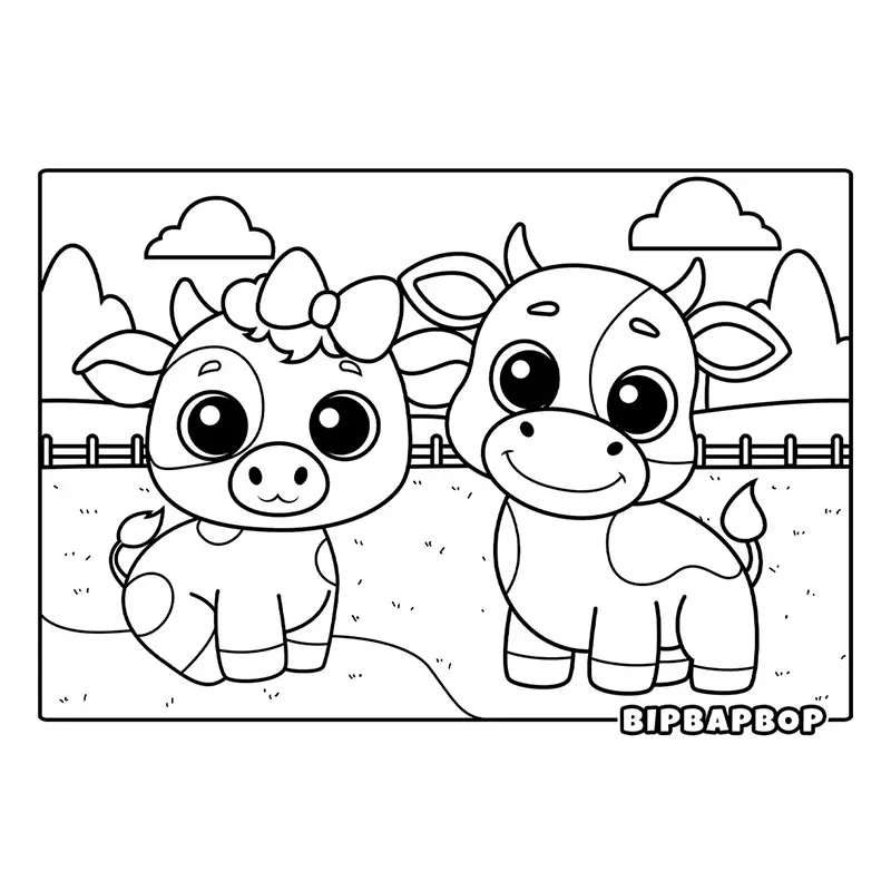 two cute cows standing in a farm field