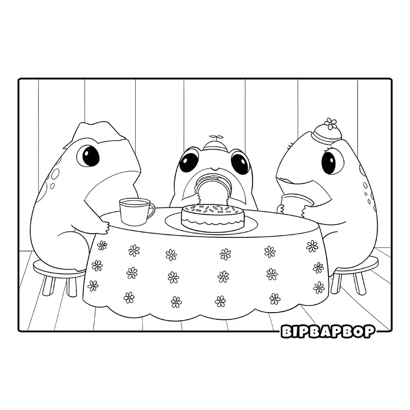 a frog tea party with cake