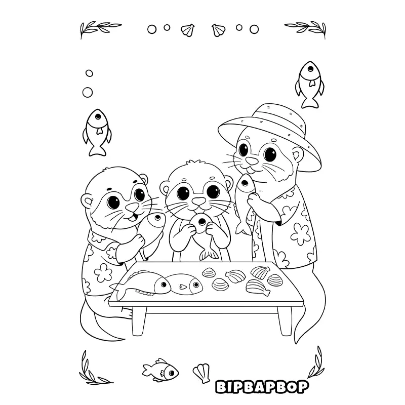 an otter family eating fish at a table