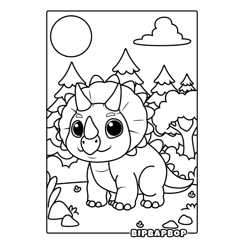 a triceratops in a forest clearing