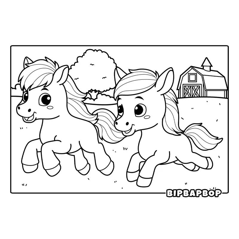 two cute ponies galloping together through a farm field