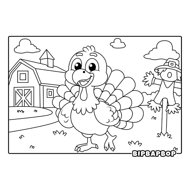 a cute turkey standing in front of a scarecrow on the farm