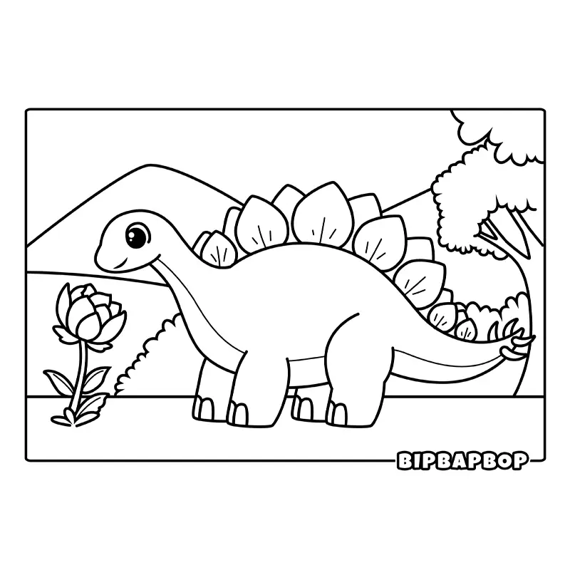 a stegosaurus smelling a flower