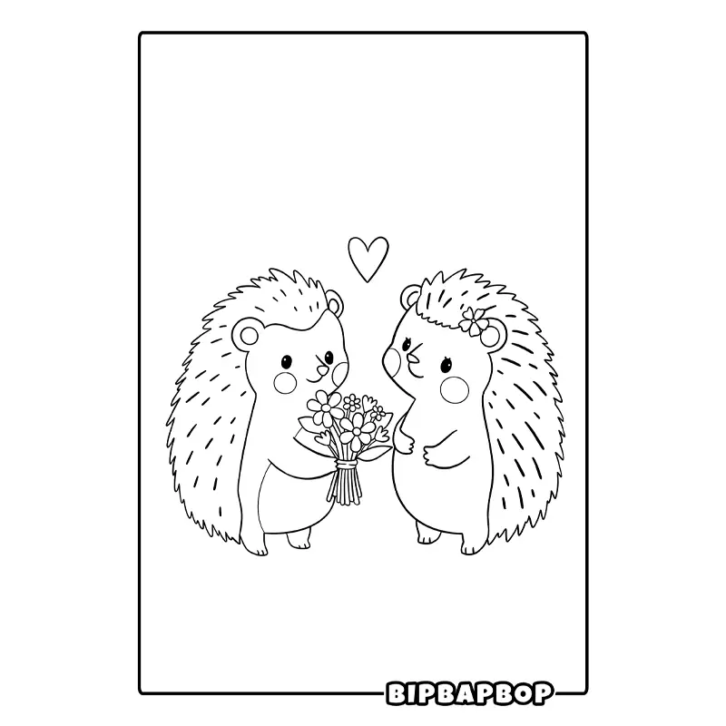 a hedgehog giving a bunch of flowers to another hedgehog