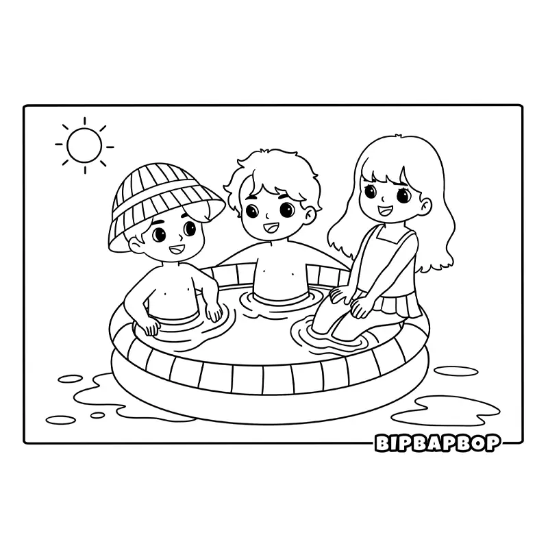 three kids sitting in a paddling pool