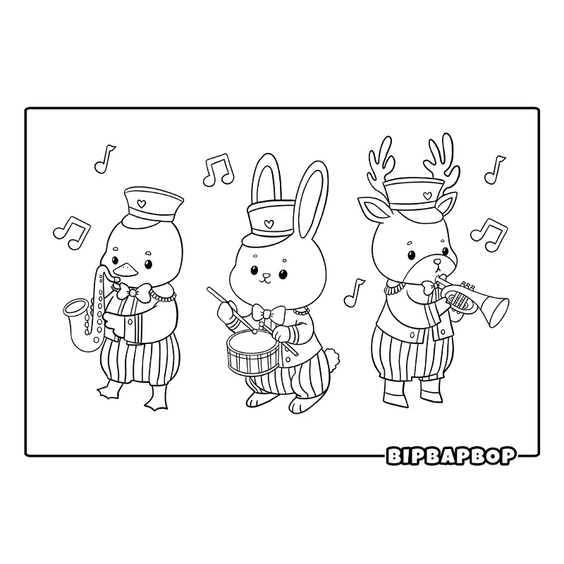 an animal marching band with a duck on saxophone, a bunny on the drums and a deer on the trumpet