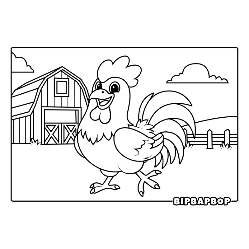 a happy rooster strutting past a farmyard barn