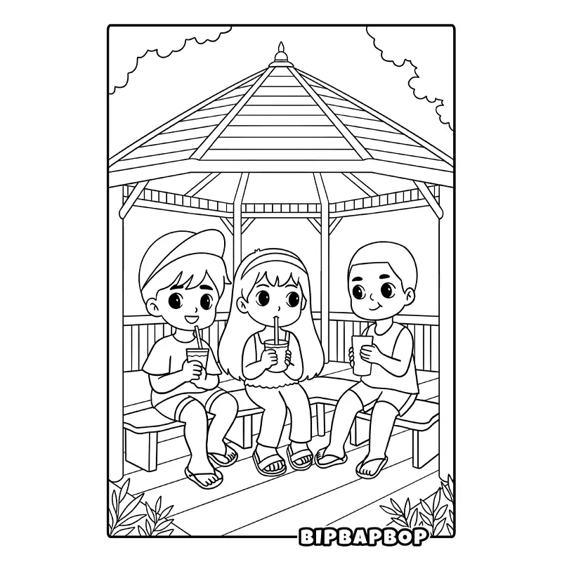 three kids sitting in a gazebo drinking lemonade