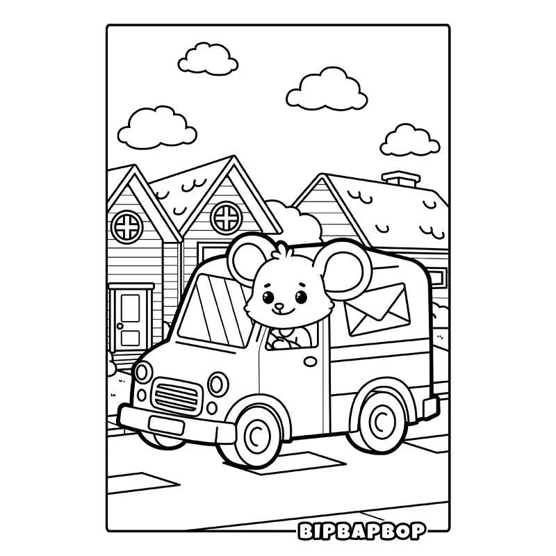 a mouse driving a mail truck in a neighborhood street