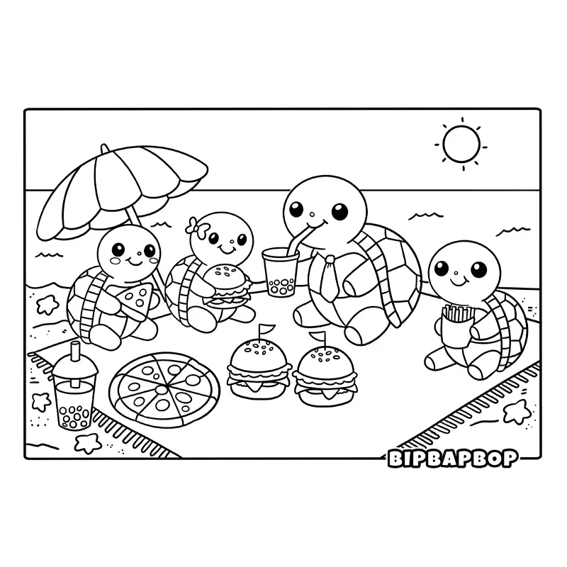 a family of turtles having a picnic at the beach