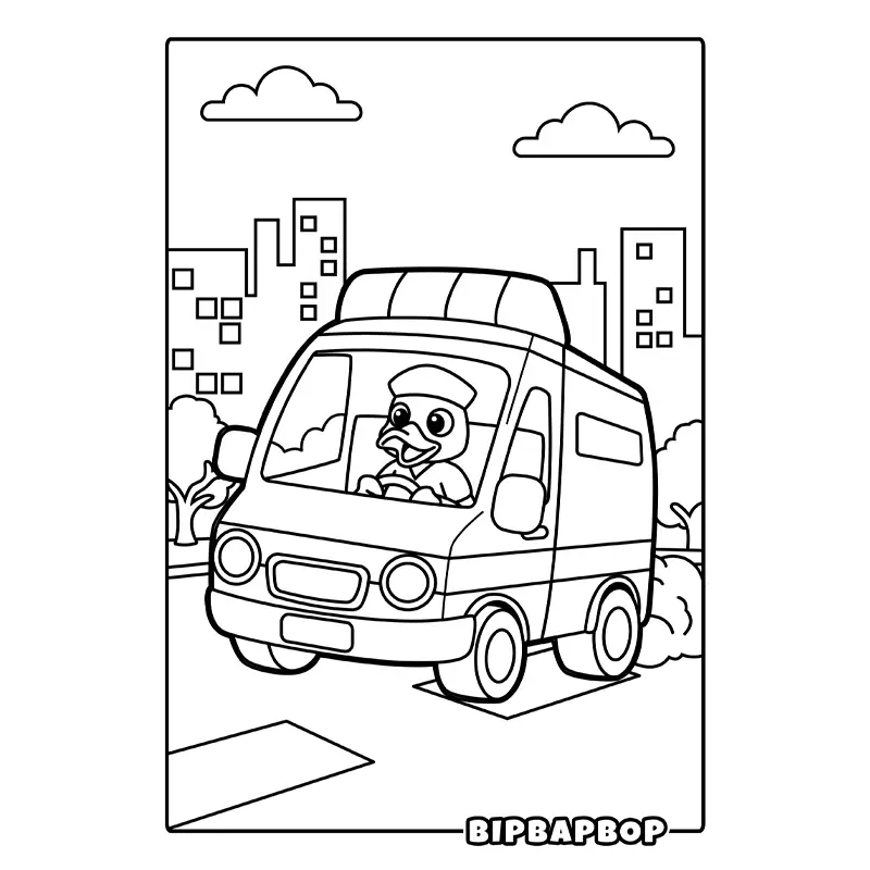 a duck driving a van in the city