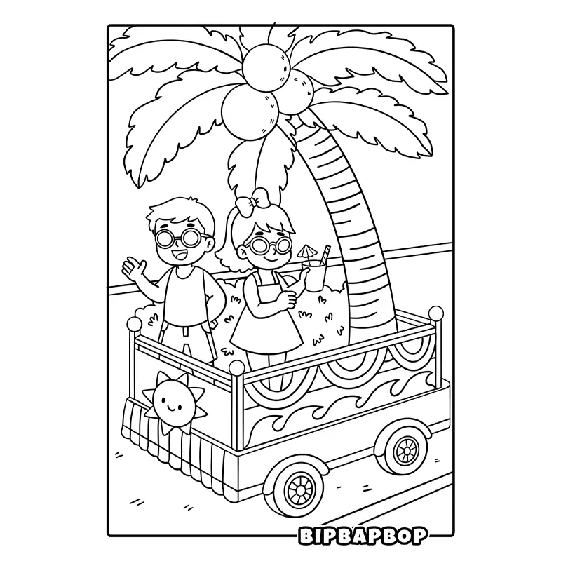 a boy and a girl on a tropical carnival float