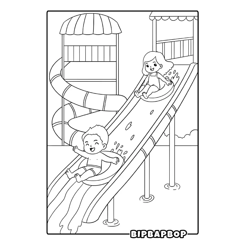 a boy and a girl sliding down a water slide at a theme park